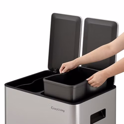 CozyLiving Premium Stainless Steel Dual Compartment Pedal Bin with Soft-Close Lid and Removable Inner Buckets, Dark Grey, 15L+15L – 7