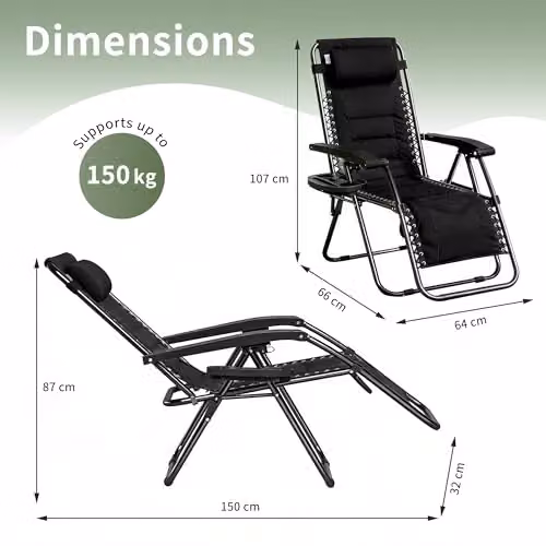 MCC Direct Set of 2 Zero Gravity Reclining Sun Lounger Chairs in Black Oxford Fabric – 3