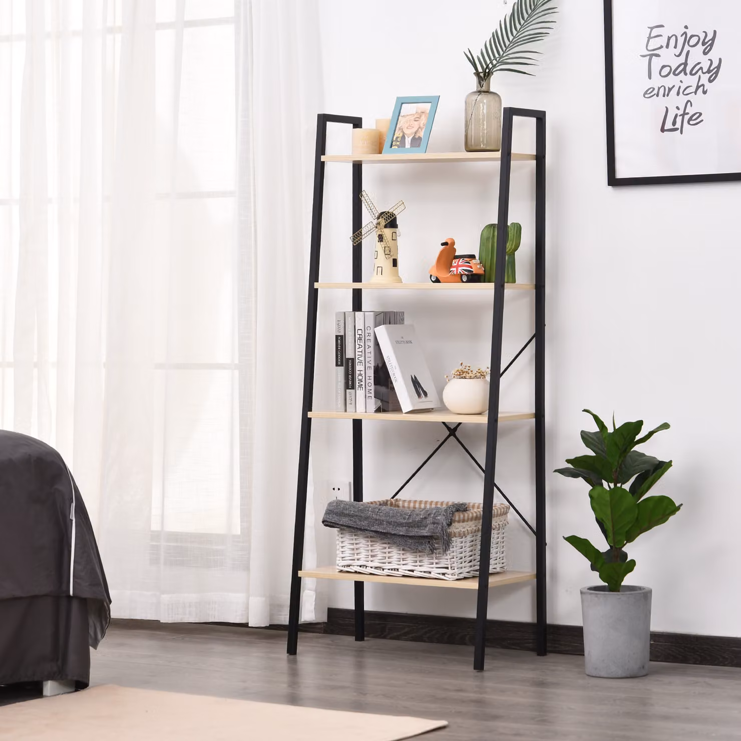 HOMCOM 4-Tier Vintage Ladder Shelf Bookcase and Wood Storage Rack in Black and Natural – 2