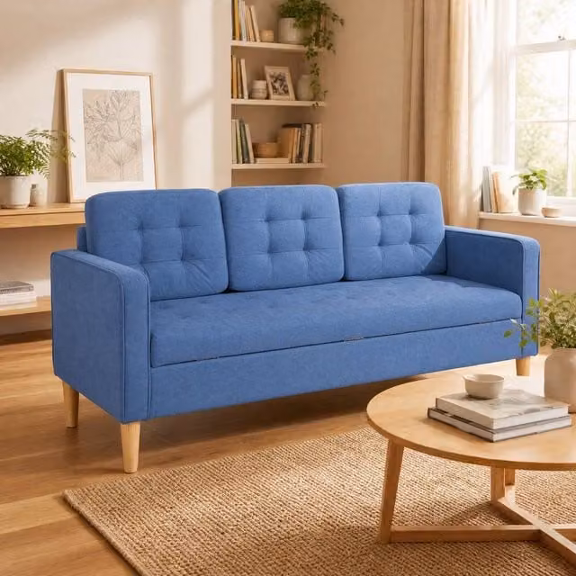 STILVORA Blue Fabric Upholstered Sofa with Solid Wood Frame and Hidden Storage – 1
