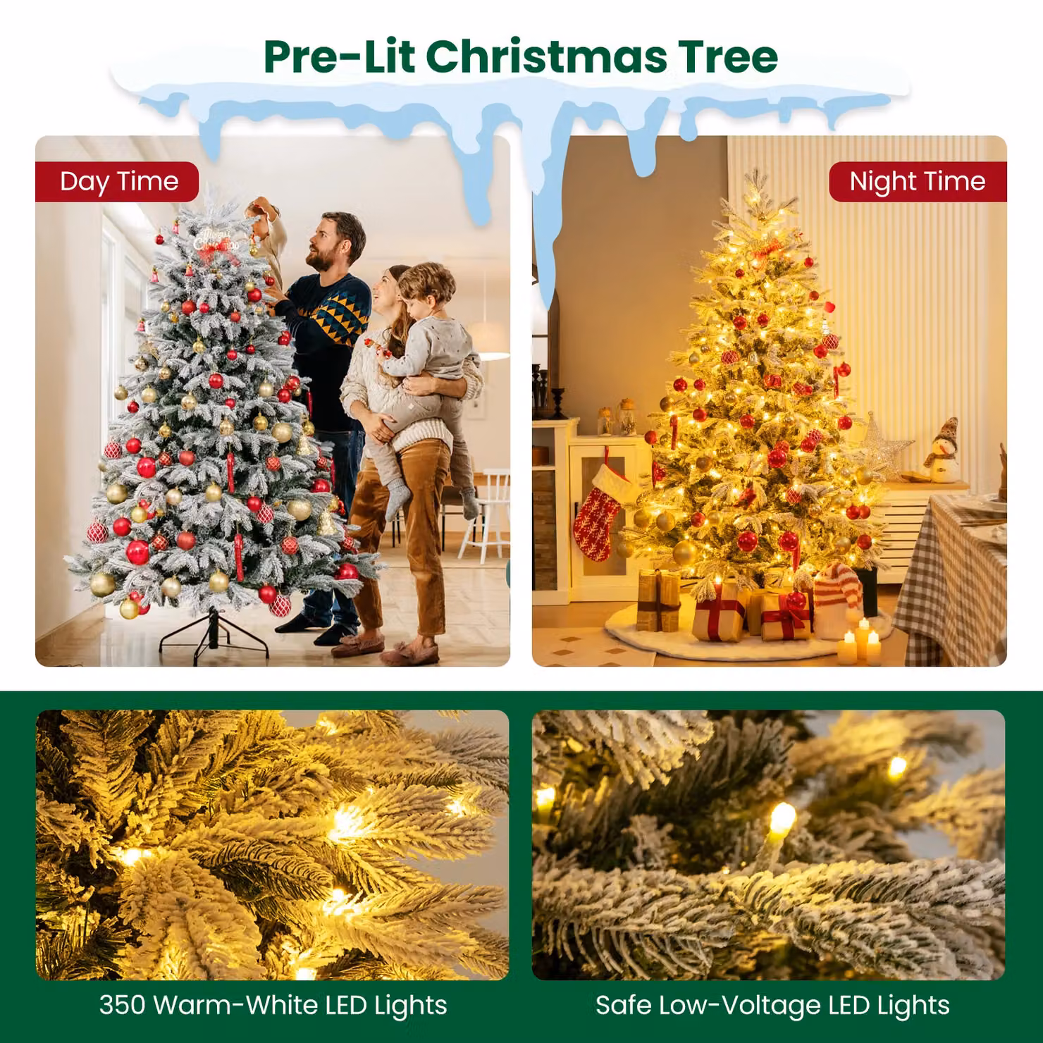 Gymax Pre-Lit Flocked Christmas Tree with 1022 Tips and 350 LED Lights, Green, Height: 180 cm – 3