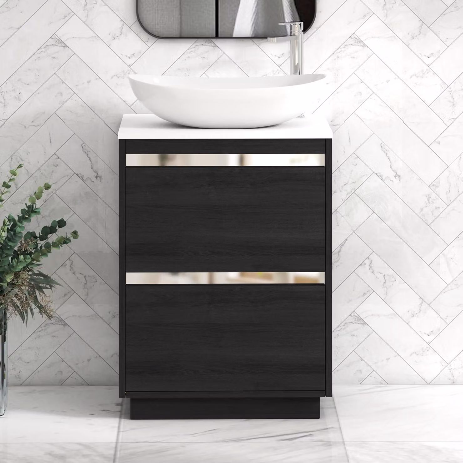 Royal Bathrooms Orion 600mm Hale Black Floor Standing Vanity Unit with Cesar Basin and 2 Drawers in Plain White and Chrome Accent Trim