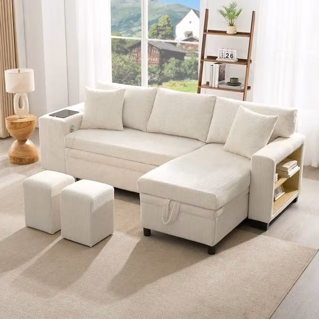 Merax L-Shaped Reversible Convertible Corner Sofa Bed with 2 Ottomans and USB Charging Ports, Beige, W/D/H: 225.5 x 127.0 x 83.0 cm