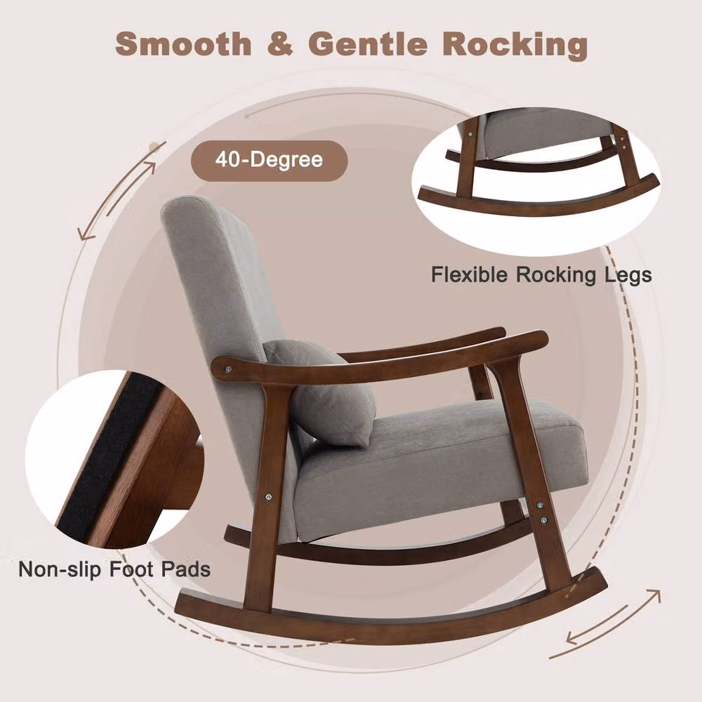 Gymax Ergonomic Grey Fabric Rocking Accent Chair with Pillow and Solid Rubberwood Frame – 3
