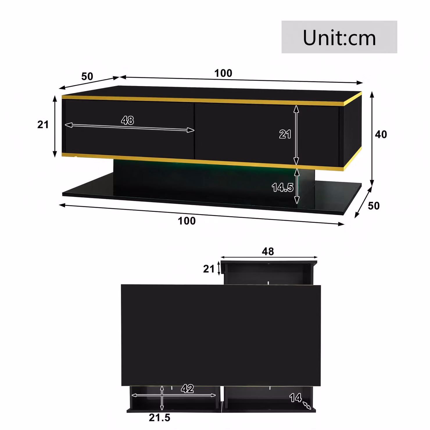 Aosom Modern LED Coffee Table with USB-Powered Colour-Changing Light Strip and 3 Drawers, Black, W: 100 cm, D: 50 cm, H: 40 cm – 3
