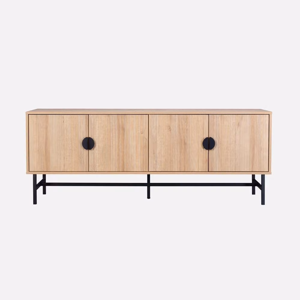 Sweek Industrial Style 4-Door TV Unit in Camel with Wooden Effect and Metal Accents, W: 157.5 cm – 2