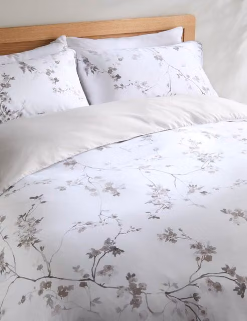 M&S Cherry Blossom Floral Bedding Set, Grey Mix, Pure Cotton Mako Satin, W/D/H: 180 x 200 cm
