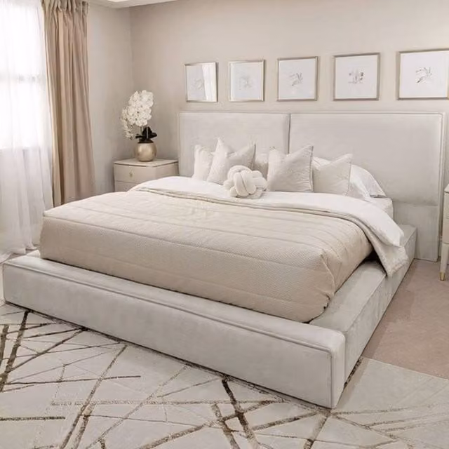 Stratus Interiors Tempa Modern Velvet Upholstered Bed with Piping Border in White and Ivory, Super King, W: 200 cm x L: 200 cm