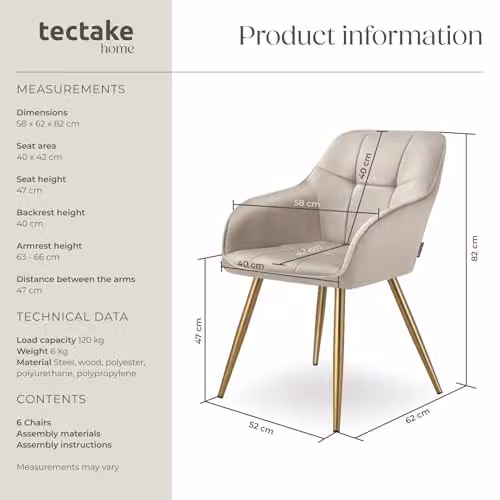 tectake Set of 6 Marilyn Dining Chairs with Velvet Fabric and Gold Metal Legs in Taupe/Gold – 3