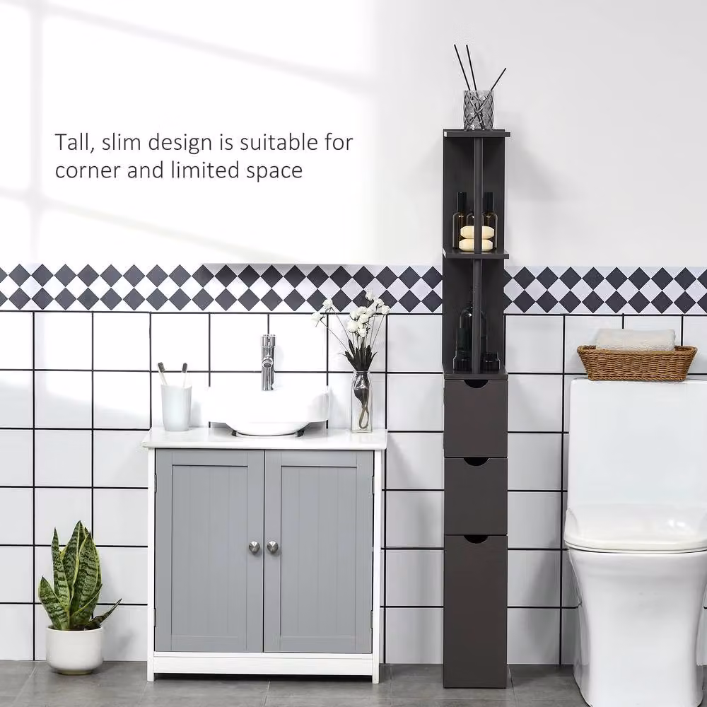 STILVORA Tall Brown Bathroom Storage Cabinet with Internal Shelves and Drawers – 4