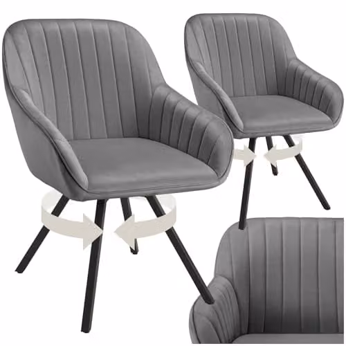 tectake Set of 2 Grey Velvet Dining Chairs with Slim Steel Legs and 360 Degree Swivel