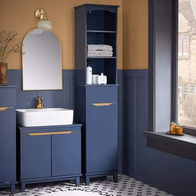 SoBuy Slim Tall Bathroom Cabinet with 3 Open Shelves and 1 Drawer, Dark Blue, Height: 170 cm – 1