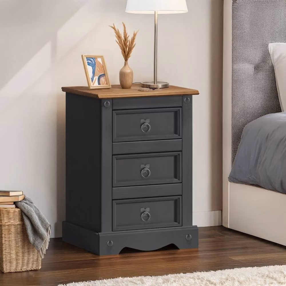 FORGEVIO Rustic Pine Bedside Cabinet in Grey with 3 Drawers – 4