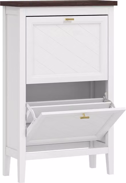 HOMCOM White and Gold Farmhouse Shoe Cabinet with 2 Tilting Compartments and Internal Shelves – 1