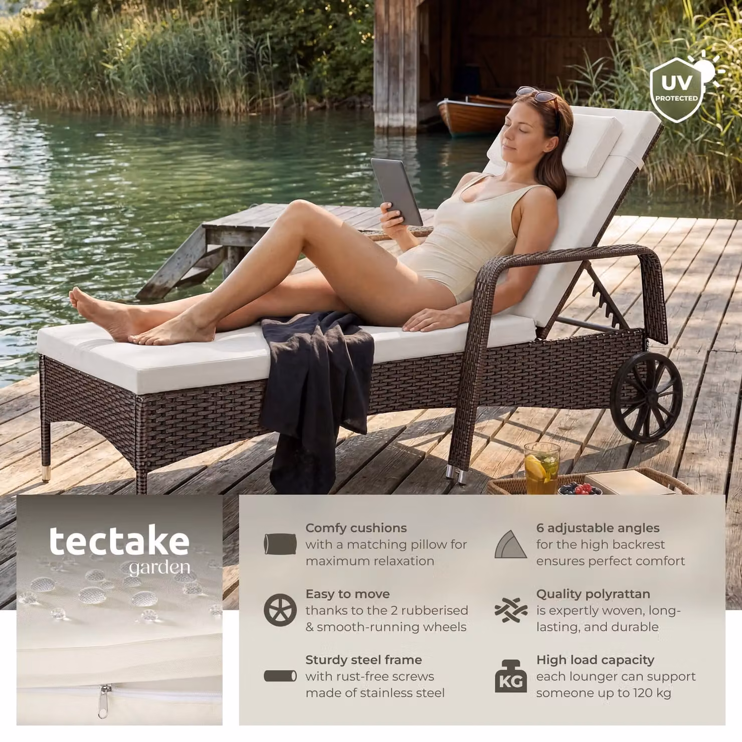tectake Caspian 1 Seater Sun Lounger with Multicolour Weatherproof Cushion and Castors – 2