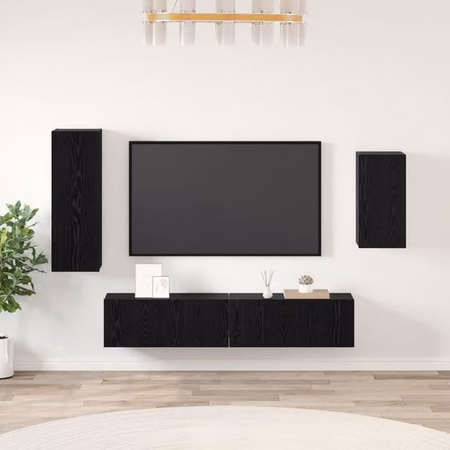 Berkfield Home 4-Piece Wall-Mounted TV Cabinet Set with Storage and Door in Black Oak, W/D/H: 30.5 x 30.5 x 90 cm – 1