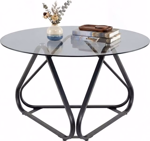Costway Modern Round Glass Coffee Table with Black Metal Sled Base
