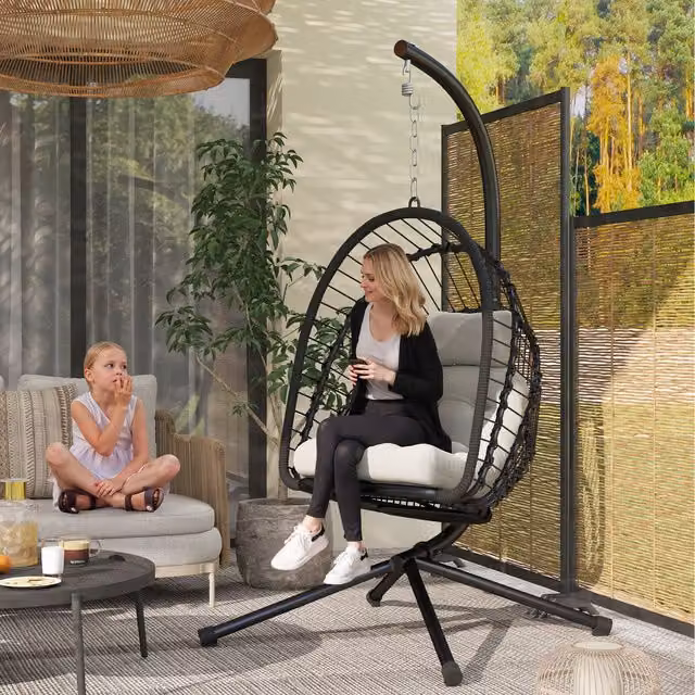 Outsunny Modern Black PE Rattan Egg Hanging Swing Chair with Stand and Cushions