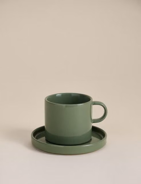M&S Green Ceramic Straight Sided Coffee Cup and Saucer Set