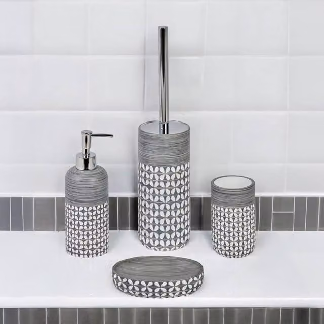 Showerdrape Ravello Geo Floral 4 Piece Ceramic Bathroom Accessory Set in Grey and White