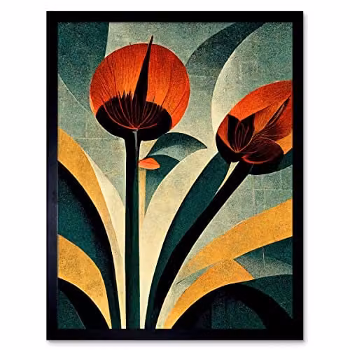 Wee Blue Coo Art Deco Floral Botanical Framed Art Print in Blue, Green, and Beige, W: 33.3 cm, H: 40.6 cm