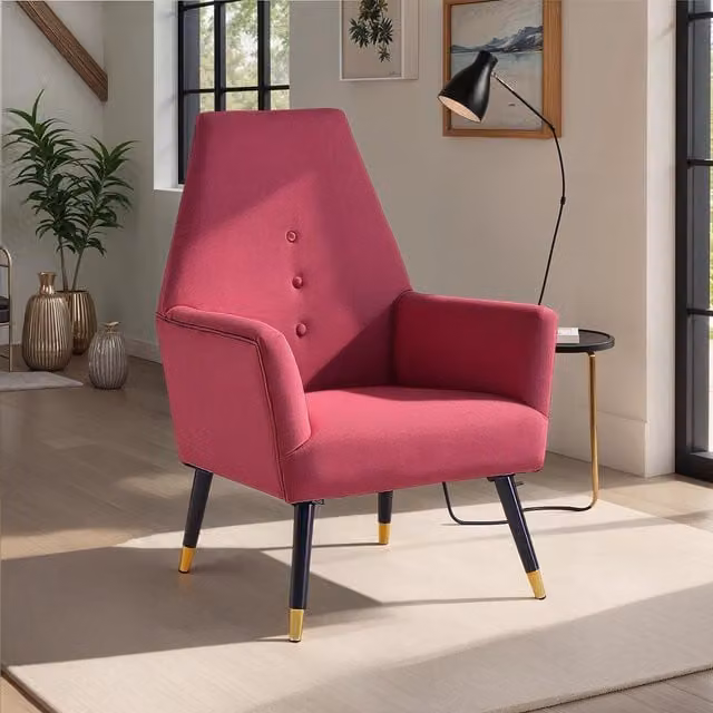 FWStyle Velvet Upholstered Armchair with Padded Accent Cushion and Buttoned Back in Wine