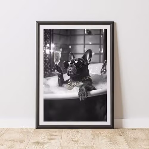 60 Second Makeover French Bulldog Champagne Animal Print Paper Poster, Gold, Black and White, W: 21.0 cm, H: 29.7 cm