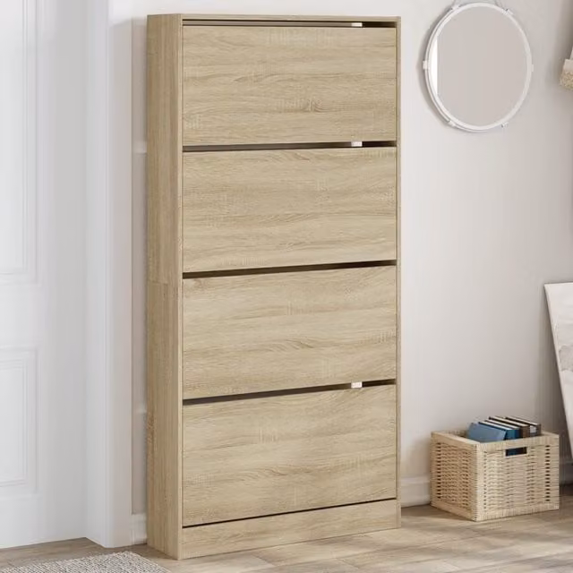 Berkfield Home Shoe Cabinet in Sonoma Oak Brown with 4 Tilting Compartments, W/D/H: 80 x 21 x 163.5 cm