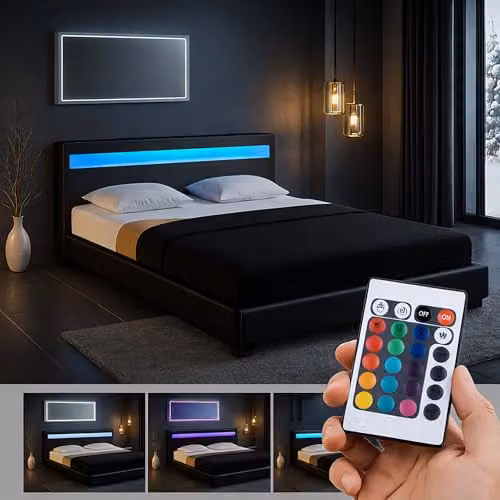 Harmin Black Faux Leather LED Upholstered Small Double Bed Frame, W/D/H: 120 x 200 cm – 4