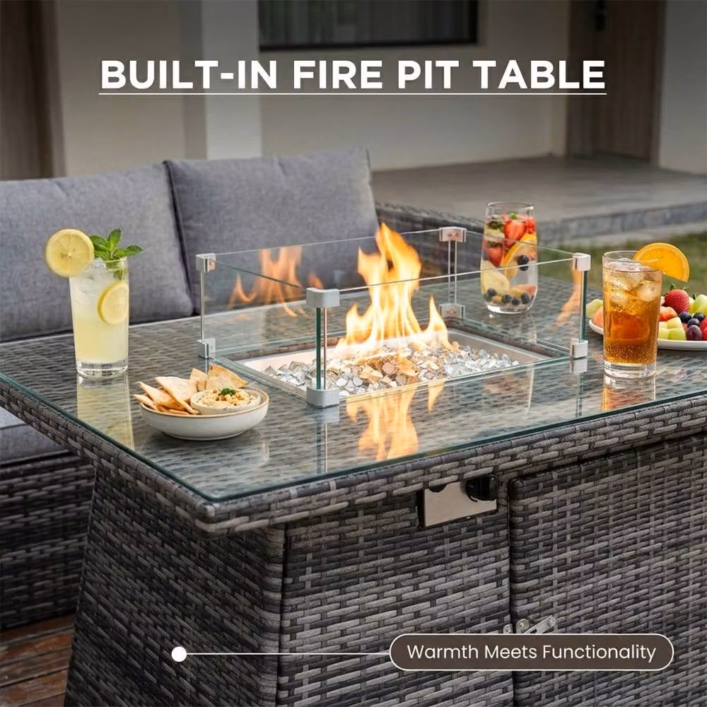 Alivio 8-Seater Rattan Garden Furniture Set with Built-In Fire Pit and Grey Cushions – 2