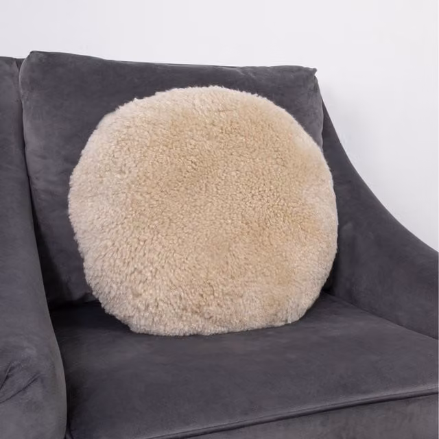 Native Natural Short Pile Lambskin Round Cushion in Beige