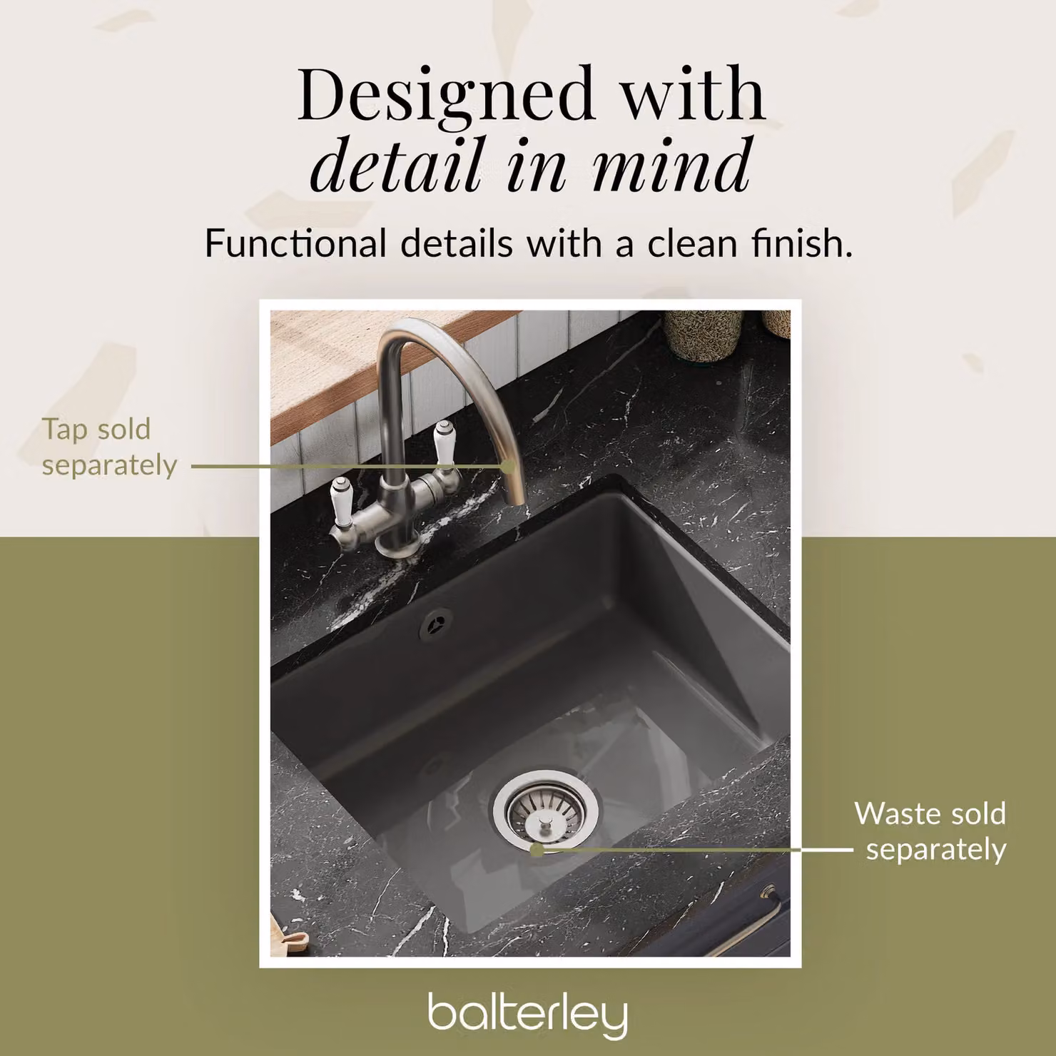 Balterley Ceramic Single Bowl Undermount Kitchen Sink, Dark Grey, W: 54.8 cm, D: 44.2 cm, H: 19.7 cm – 3