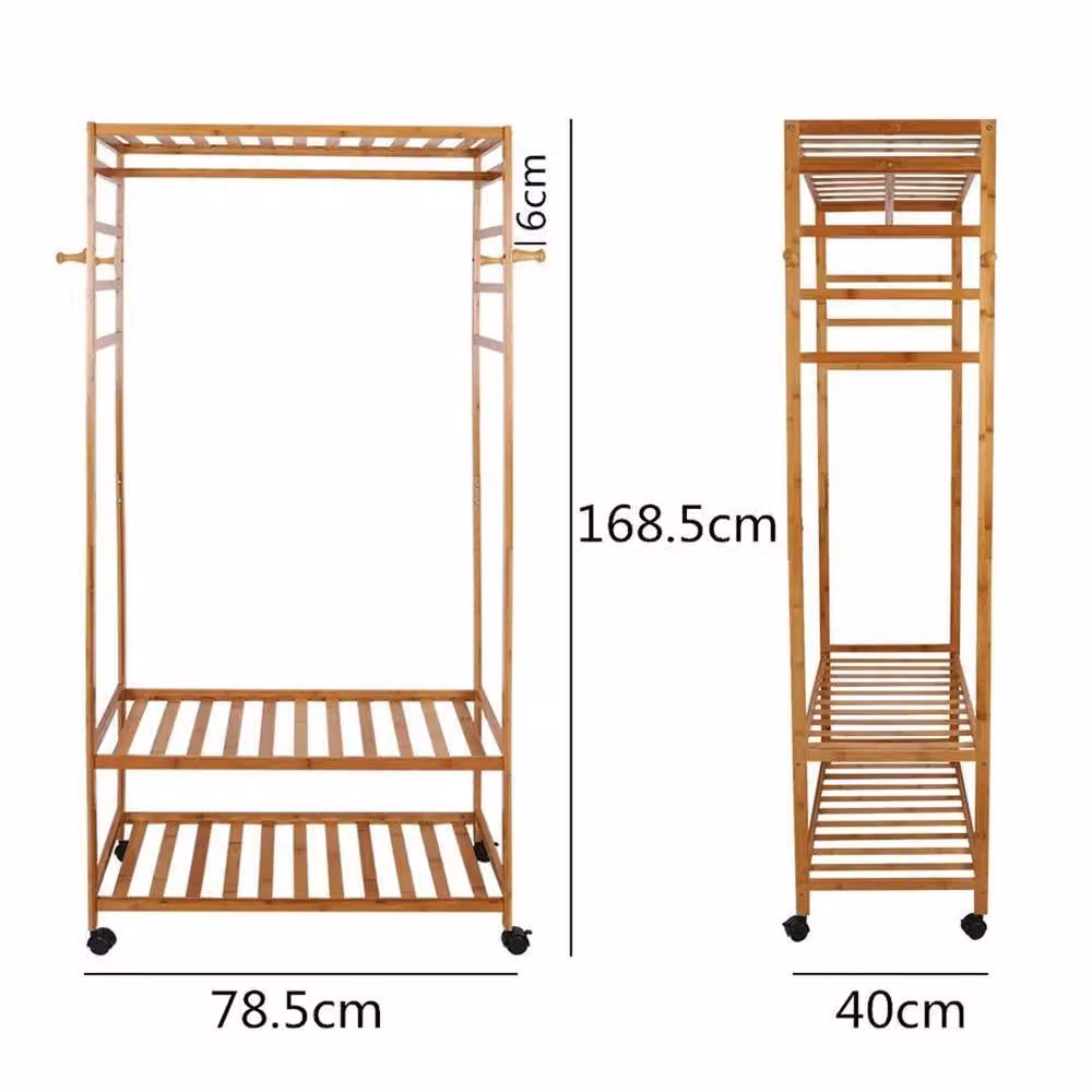 Kelvenix Wooden Rolling Clothes Rail in Brown with Retro Bamboo Design – 2