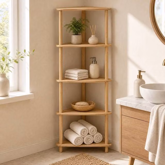 STILVORA 5 Tier Bamboo Corner Shelf in Beige – 1