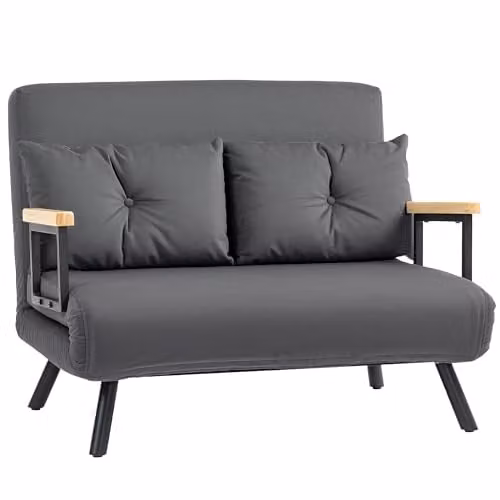 HOMCOM 2 Seater Click Clack Sofa Bed in Grey Velvet Fabric with Metal Frame and Scatter Cushions, W/D/H: 140 x 190 x 73 cm