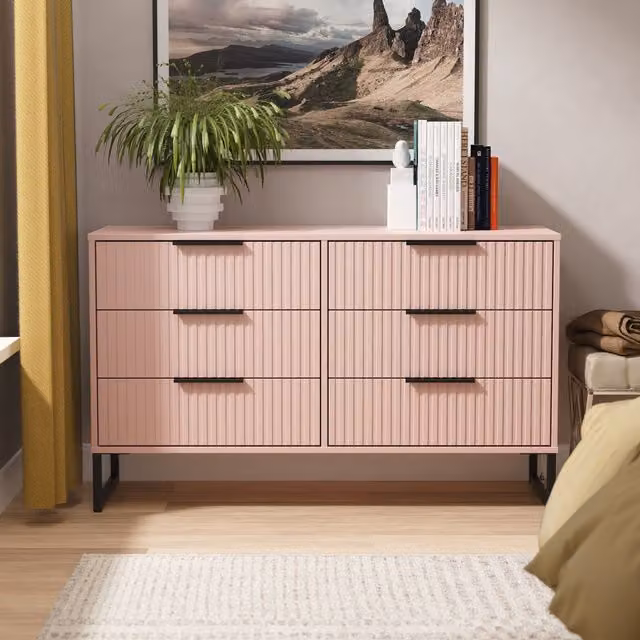 Ready Assembled 2 U Menai 6 Drawer Wide Chest in Dusty Pink and Black