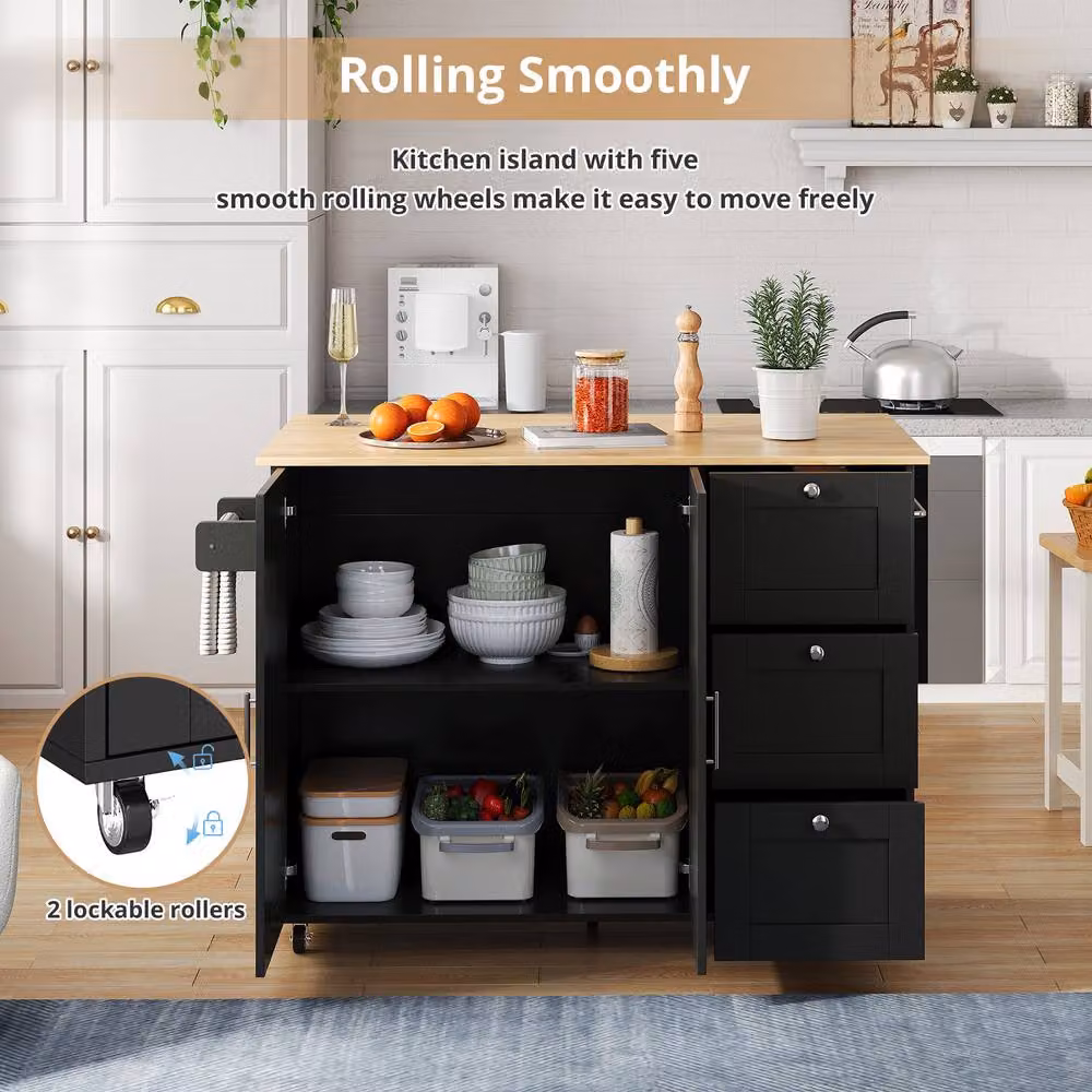 Merax Rolling Kitchen Island Trolley with Foldable Worktop and 3 Drawers, Black, Width: 135 cm – 5