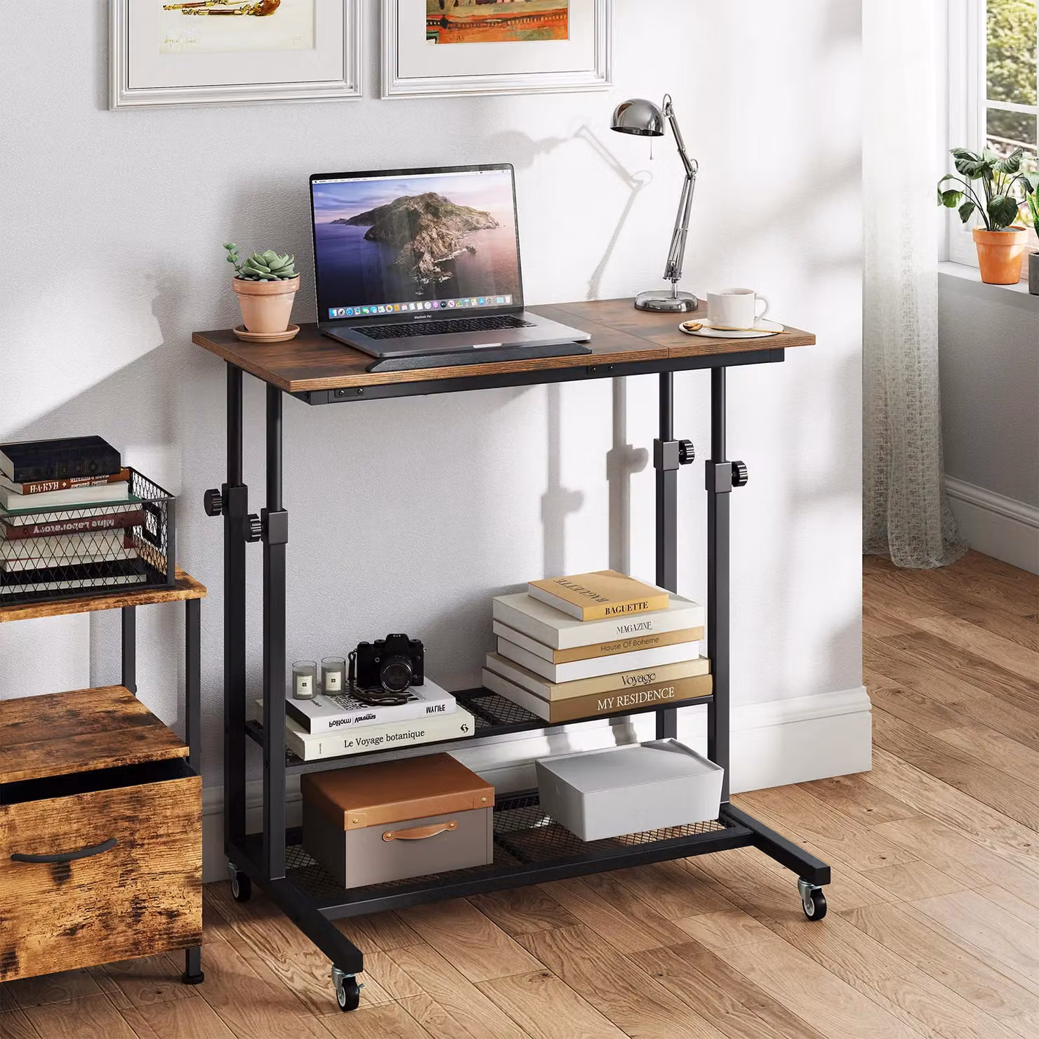 Gymax Height Adjustable Mobile Standing Desk with Tilting Tabletop and Shelves in Brown – 3