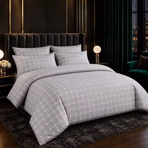 Lazzaro Home Grey Checked Microfibre King Size Reversible Duvet Cover Set with Concealed Zip, Duvet Cover 180 x 200 cm and Pillowcases 50 x 75 cm – 1