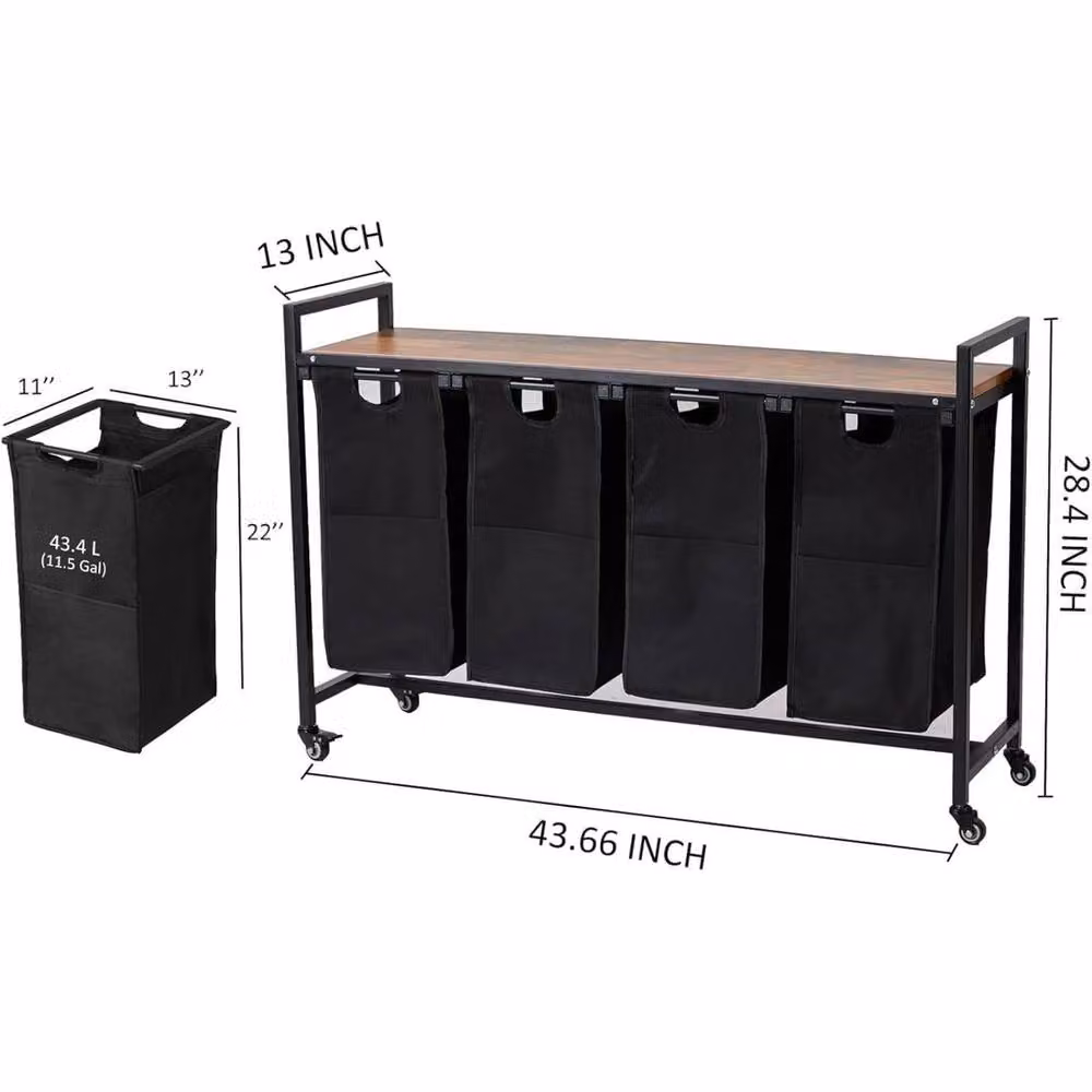 KORVIXA 4 Compartment Laundry Hamper and Organiser with Removable Bags and Wheels, Black, W/D/H: 100 x 100 x 72.14 cm – 2