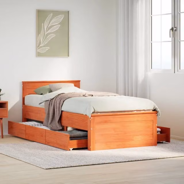 Berkfield Home Single Solid Wood Pine Bed Frame with Headboard in Wax Brown, W/D/H: 90 x 190 cm – 1