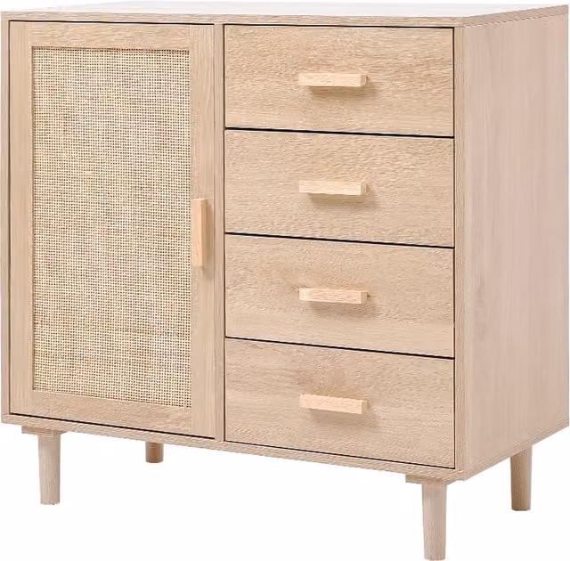 Livingandhome Modern Wooden Side Cabinet with Rattan Accents and Internal Drawers in Brown
