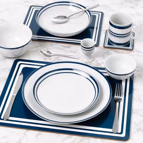 Waterside 80-Piece Blue and White Bistro Porcelain Tableware Set with Cutlery and Placemats – 3