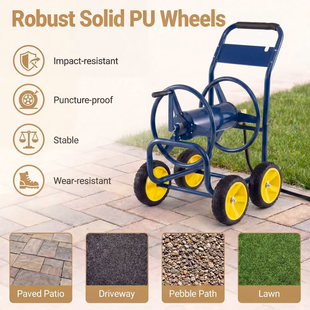 Costway 4-Wheel Garden Hose Reel Cart, Powder-Coated Metal Water Hose Organiser in Blue – 4