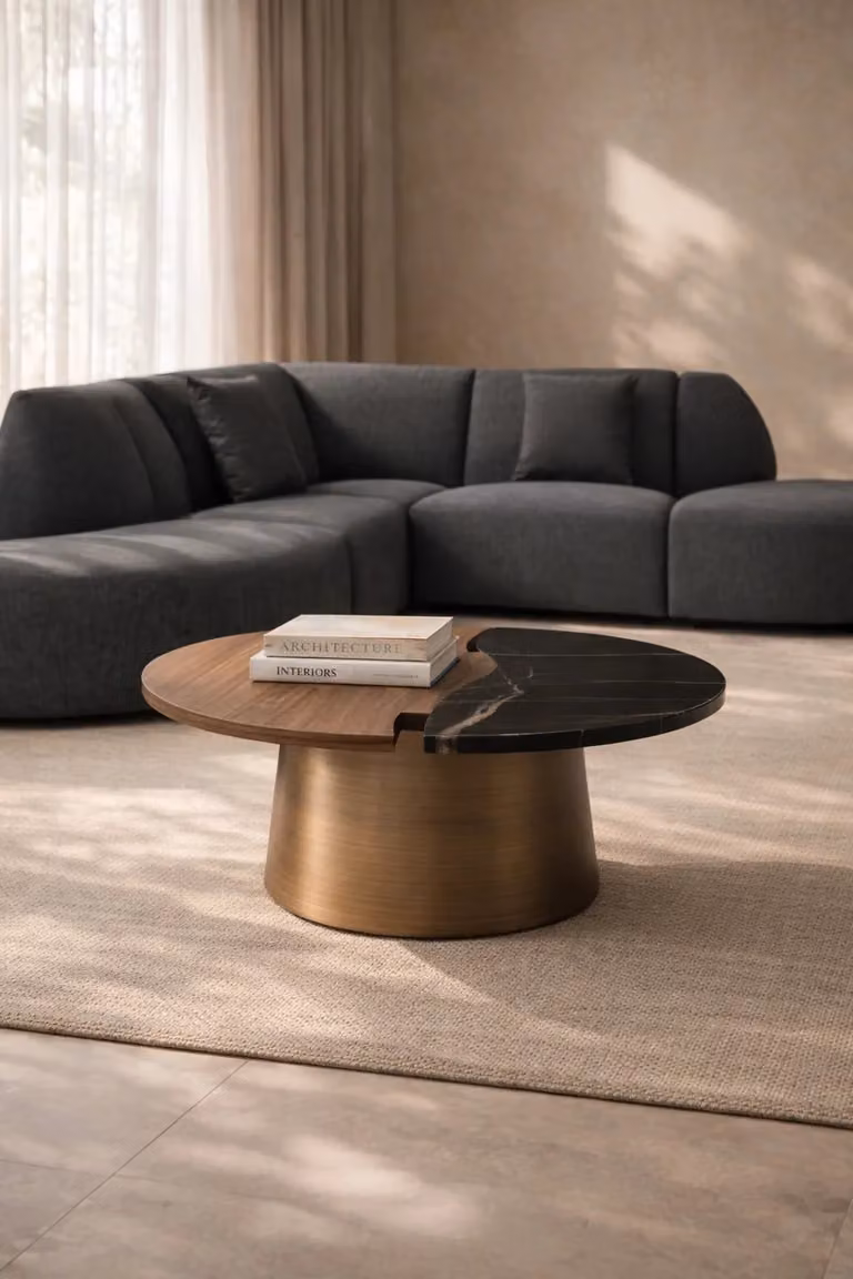 Tommy Franks Aurelia Round Modern Marble and Walnut Coffee Table with Central Column, W: 80 cm, D: 80 cm, H: 42 cm