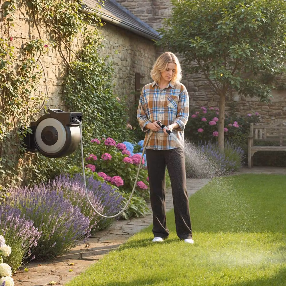 Costway Retractable Wall-Mounted Garden Hose Reel in Black with 30 m Hose and 2 m Lead-in Hose – 8