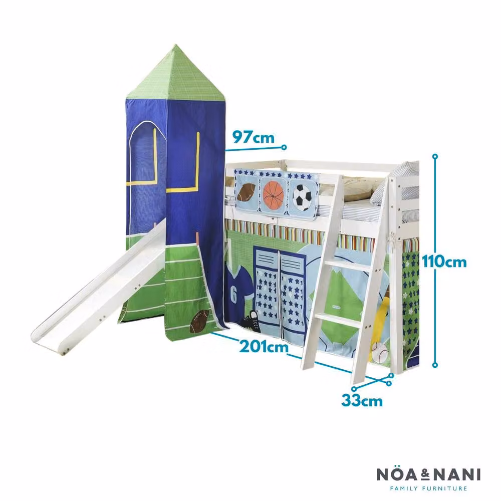Nöa and Nani White Single Cabin Midsleeper Bed with Slide, Sports Tent and Tower, Solid Pine Wood – 2