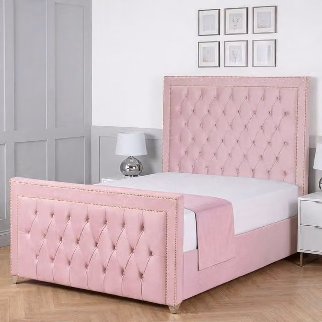 Living Comfort Bedz Metro Plush Velvet Upholstered King Size Bed with Slatted Base and 48 Inch Headboard in Pink, W/D/H: 180 x 200 cm