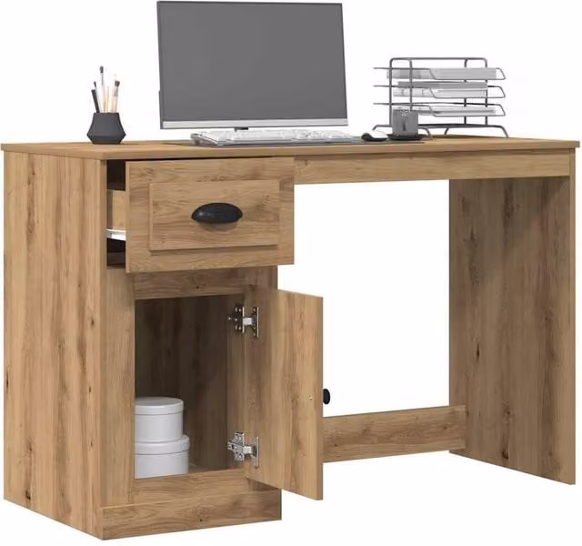 Berkfield Home Traditional Artisan Oak Writing Desk with Storage in Brown, W/D/H: 115 x 50 x 75 cm
