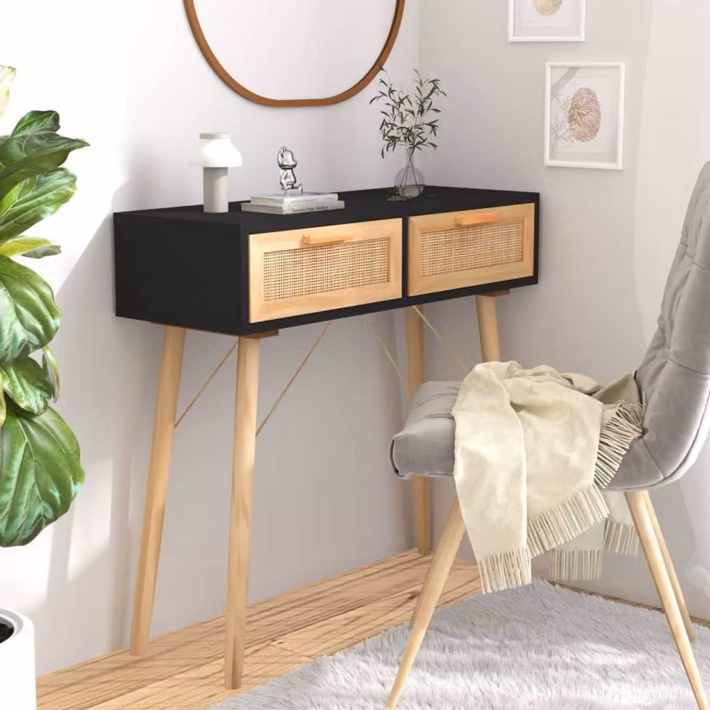 Berkfield Home Decorative Console Table in Black Solid Pine and Rattan, W/D/H: 80 x 30 x 75 cm – 2